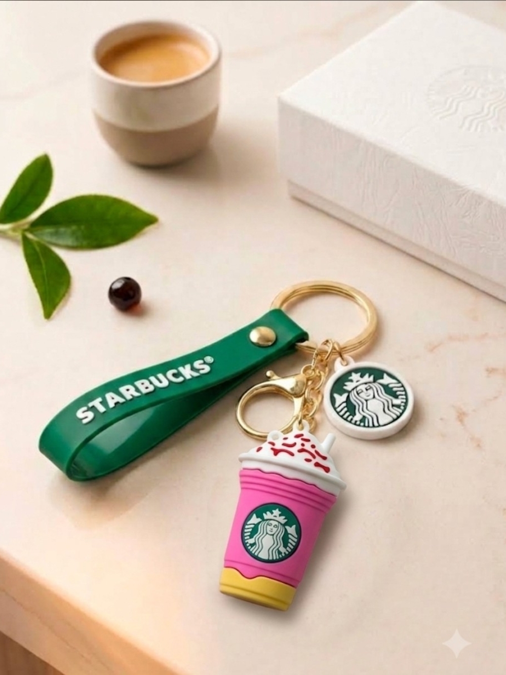 Starbucks Pink Frappuccino Charm Keychain with Green Logo Strap